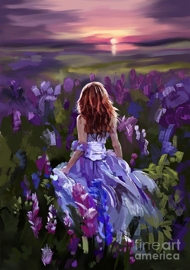 Woman In Purple In A Field Purple Flowers Painting by Tim Gilliland
