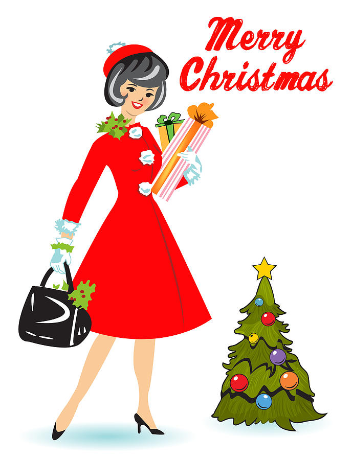 Woman in Red Dress with Christmas Tree Digital Art by Long Shot