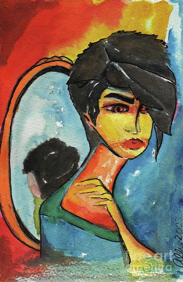 Woman in Red, Yellow and Blue.  Facing away from mirror.  Painting by Allie Lily