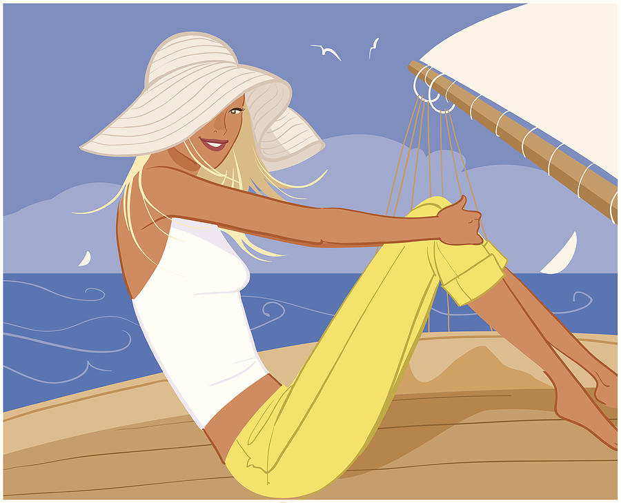 Woman in sun hat sitting on deck Drawing by McMillan Digital Art