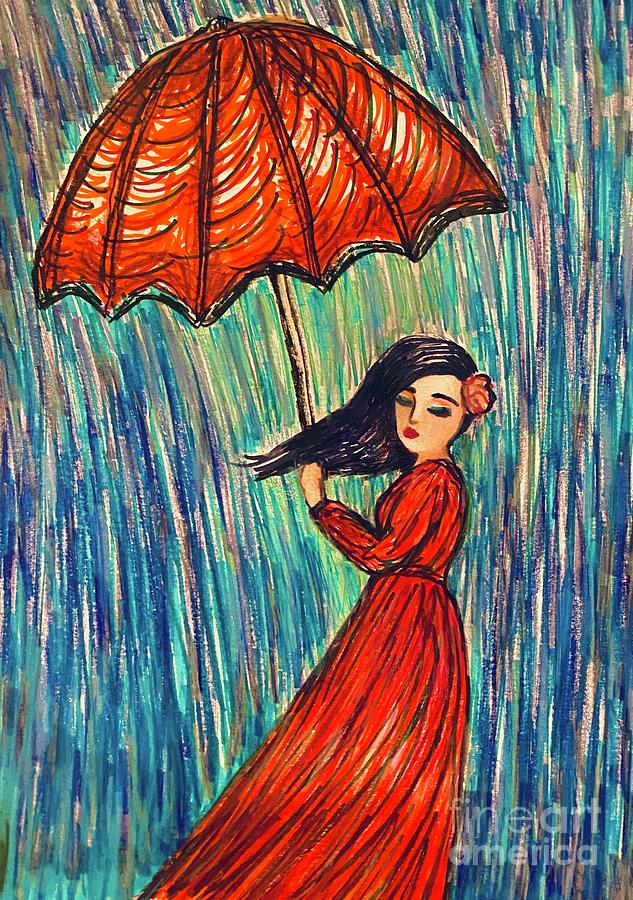Drawing Of A Little Girl With Umbrella
