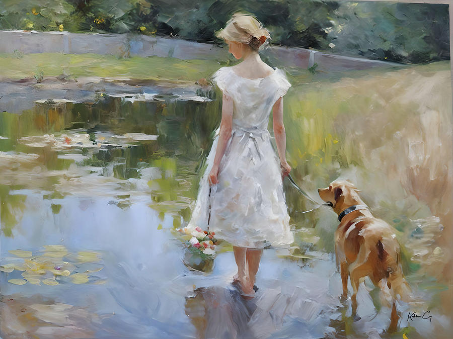 Woman in White Dress and her Dog by Pond Digital Art by Kathleen ...