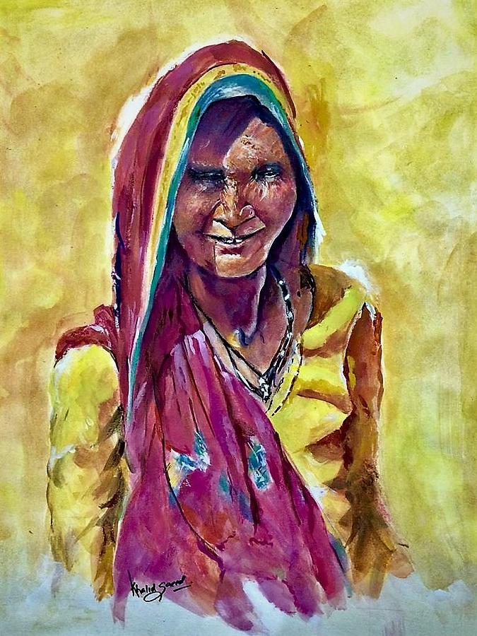 Woman in yellow and pink Painting by Khalid Saeed
