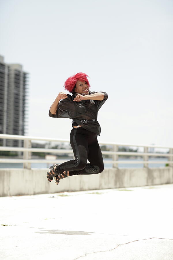 Woman Jumping Midair Action Stock Photo Photograph