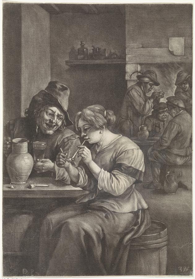 Woman Lighting Her Pipe Jan van der Bruggen after David Teniers ...