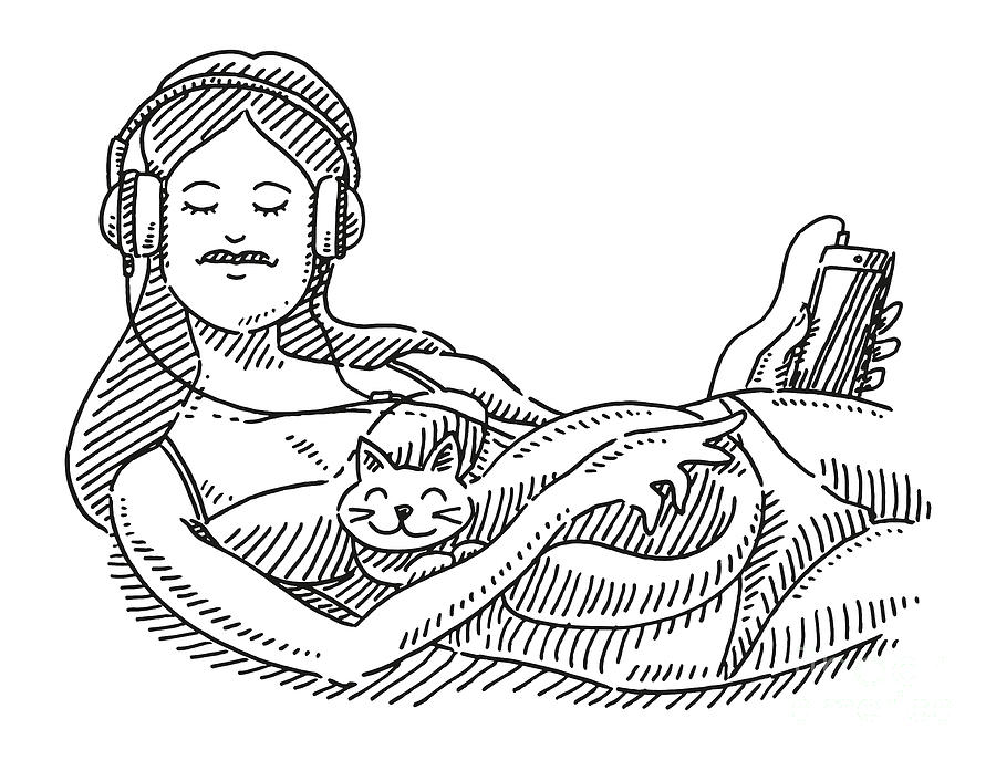 Black And White Drawing - Woman Listening Music And Petting A Cat Drawing by Frank Ramspott
