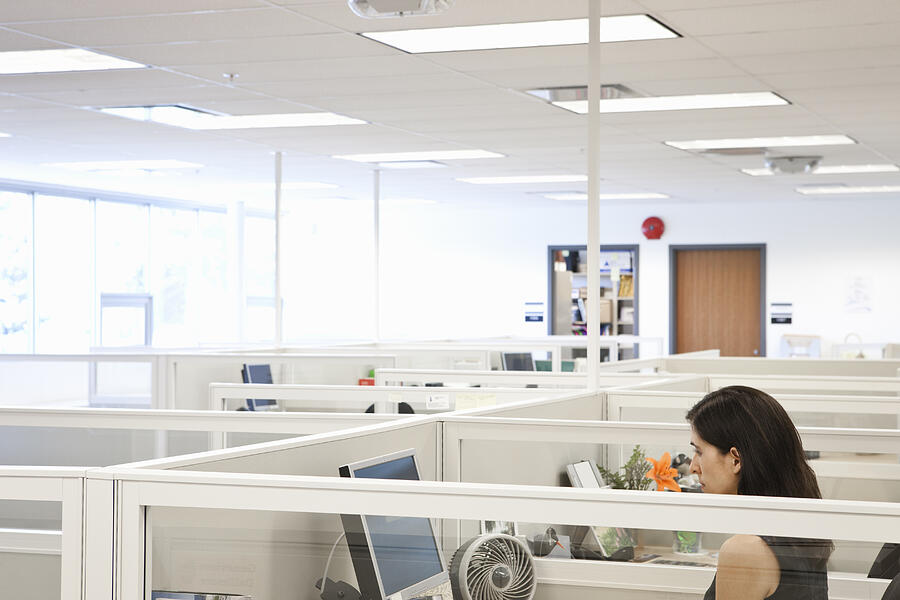 Woman Looking At Computer In Office Cubicle Photograph by Assembly