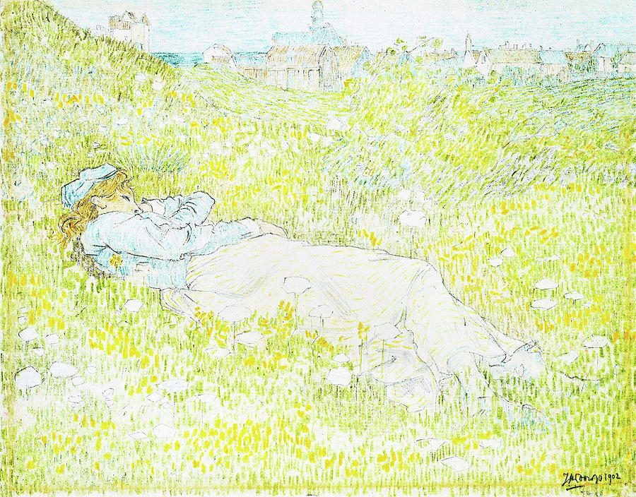 Impressionism Painting - Woman Lying in the Dunes near Noordwijk - Digital Remastered Edition by Jan Toorop