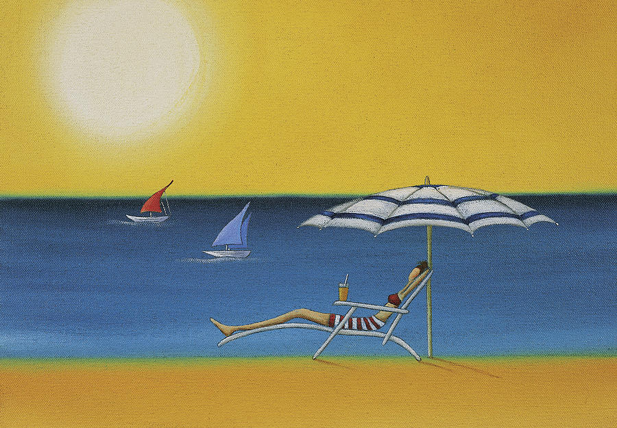 Woman Lying on a Sun Lounger Under a Parasol on a Sunny Beach Drawing by Mandy Pritty