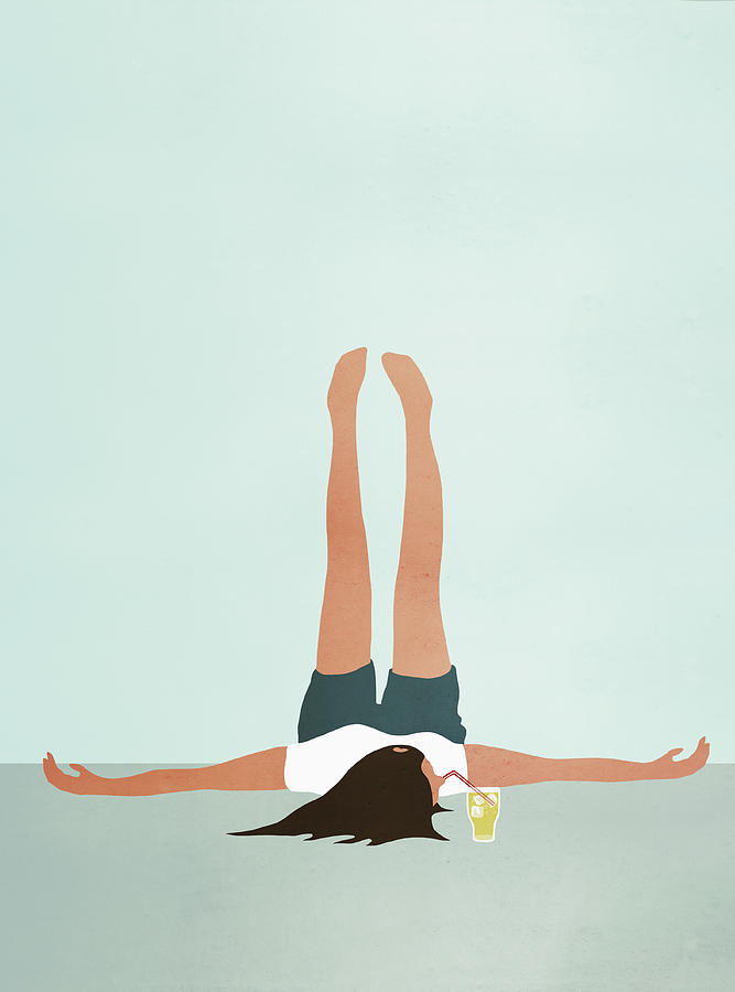 Woman lying on floor with feet up while drinking cold drink Drawing by Malte Mueller