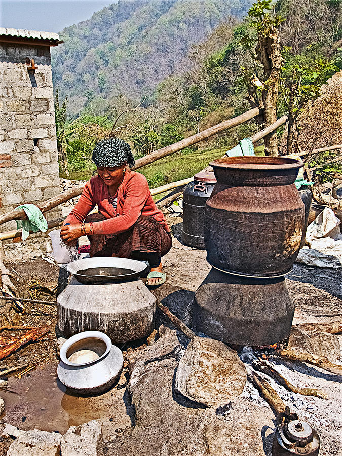 Woman Making Millet Beer In A Village Along The Seti River Road Nepal Photograph By Ruth Hager