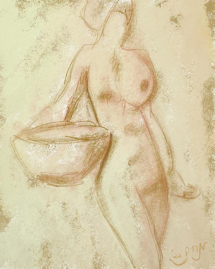 Woman Nude Female Figure Sketch Holding Washbasin In Sepia Charcoal And Umbers Painting by MendyZ