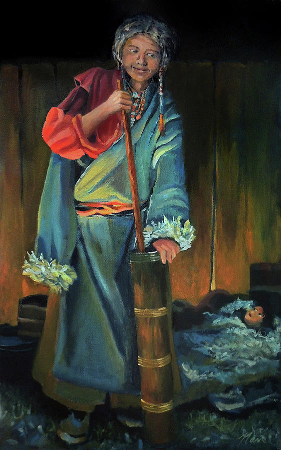 Woman of Nepali Making Yak Butter Tea Painting by Nancy Griswold