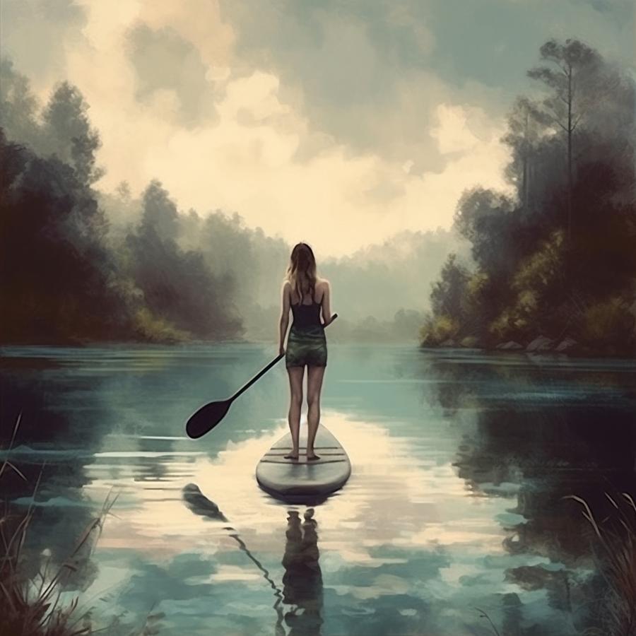 Woman on a paddle board in a serene nature scenery Digital Art by ...