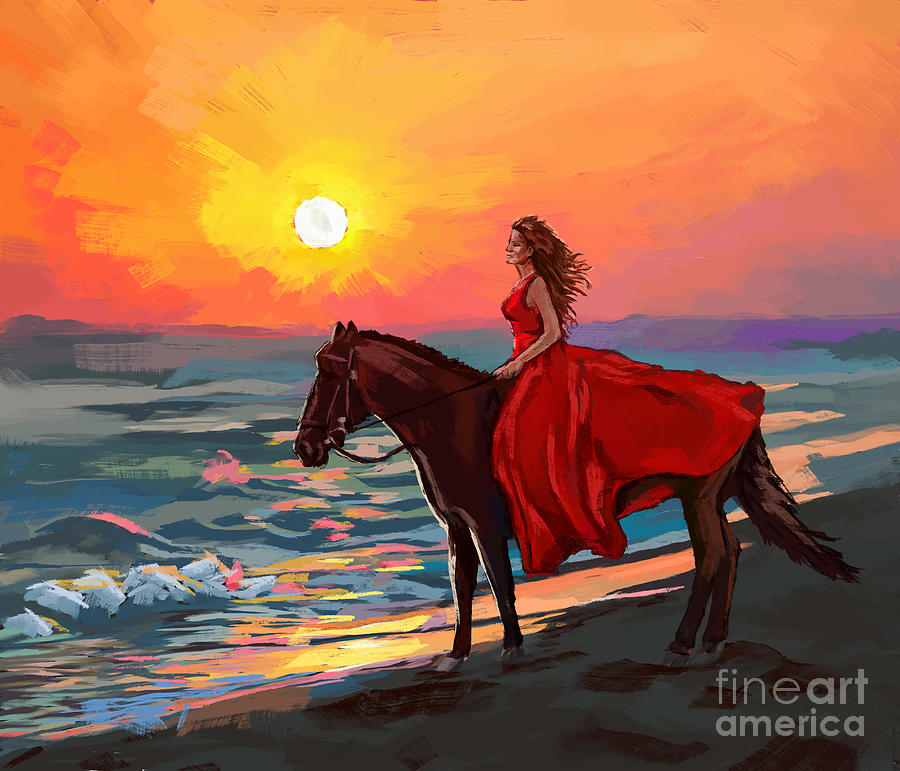Woman On Horse On The Beach At Sunset Painting by Tim Gilliland