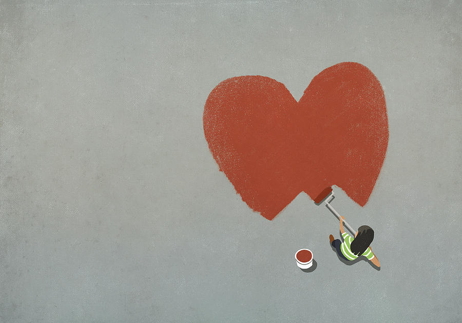 Woman painting red heart with paint roller Drawing by Malte Mueller