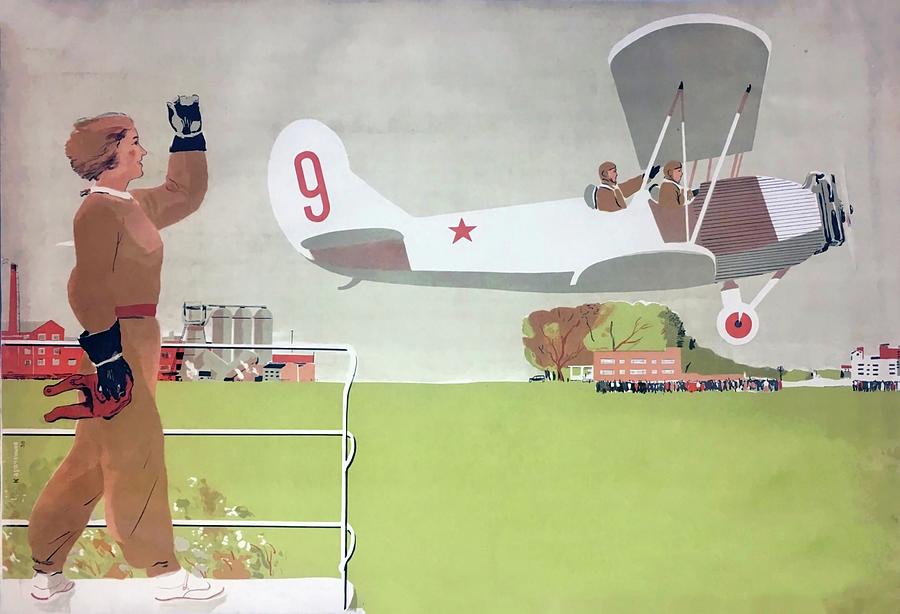 Vintage Mixed Media - Woman pilot sees off the taking off plane by Gallery of Vintage Designs