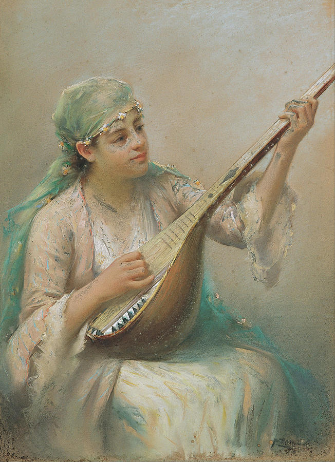 Woman Playing a String Instrument. Date/Period Early 20th century. Pastel on paper. Painting by Fausto Zonaro