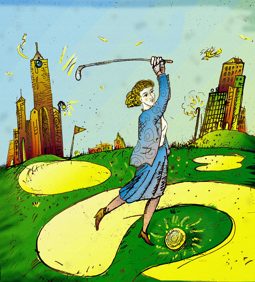 Woman Playing Golf with Coin Drawing by Vasily Kafanov