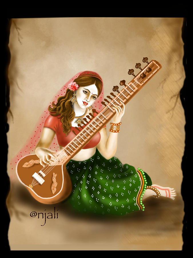 Woman Playing Sitar Digital Art