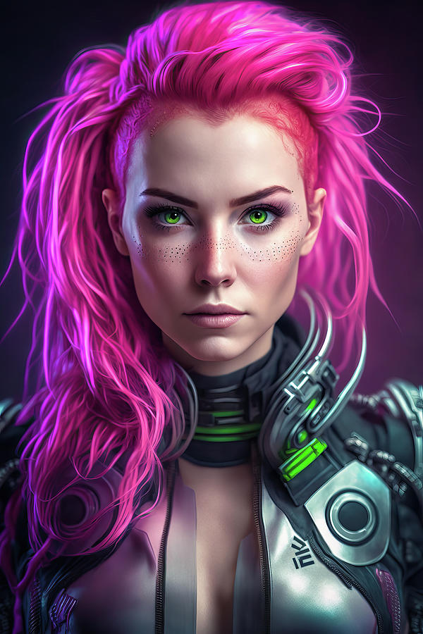 Woman Portrait 24 Cyberpunk Girl with Pink Hair Digital Art by Matthias ...