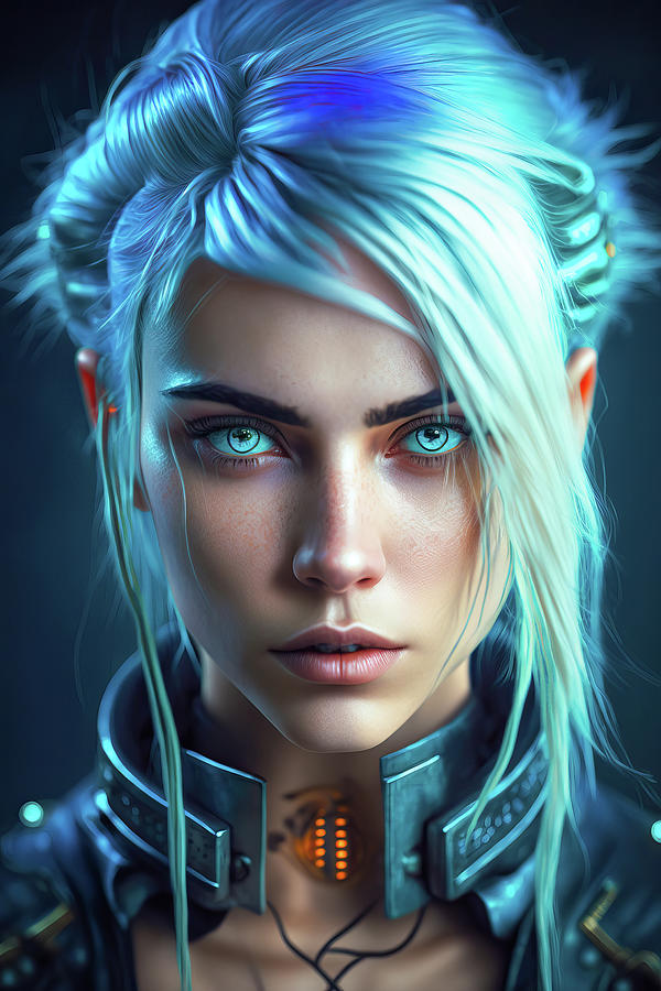 Woman Portrait 26 Cyberpunk Girl with Blue Hair Digital Art by Matthias Hauser