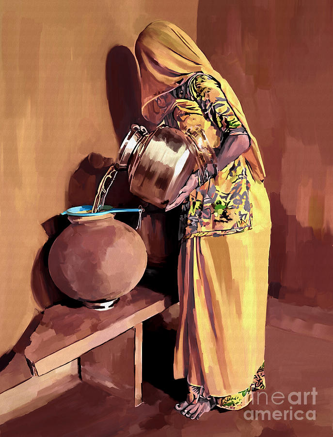 Rajasthan Painting - Woman Pouring water  by Gull G