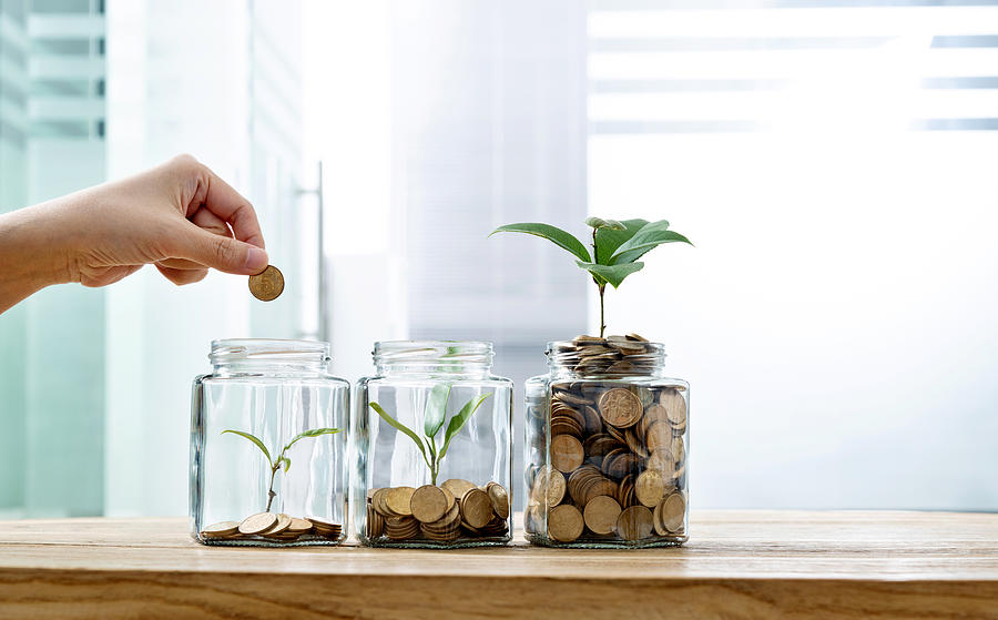 Woman putting coin in the jar with plant Photograph by Baona