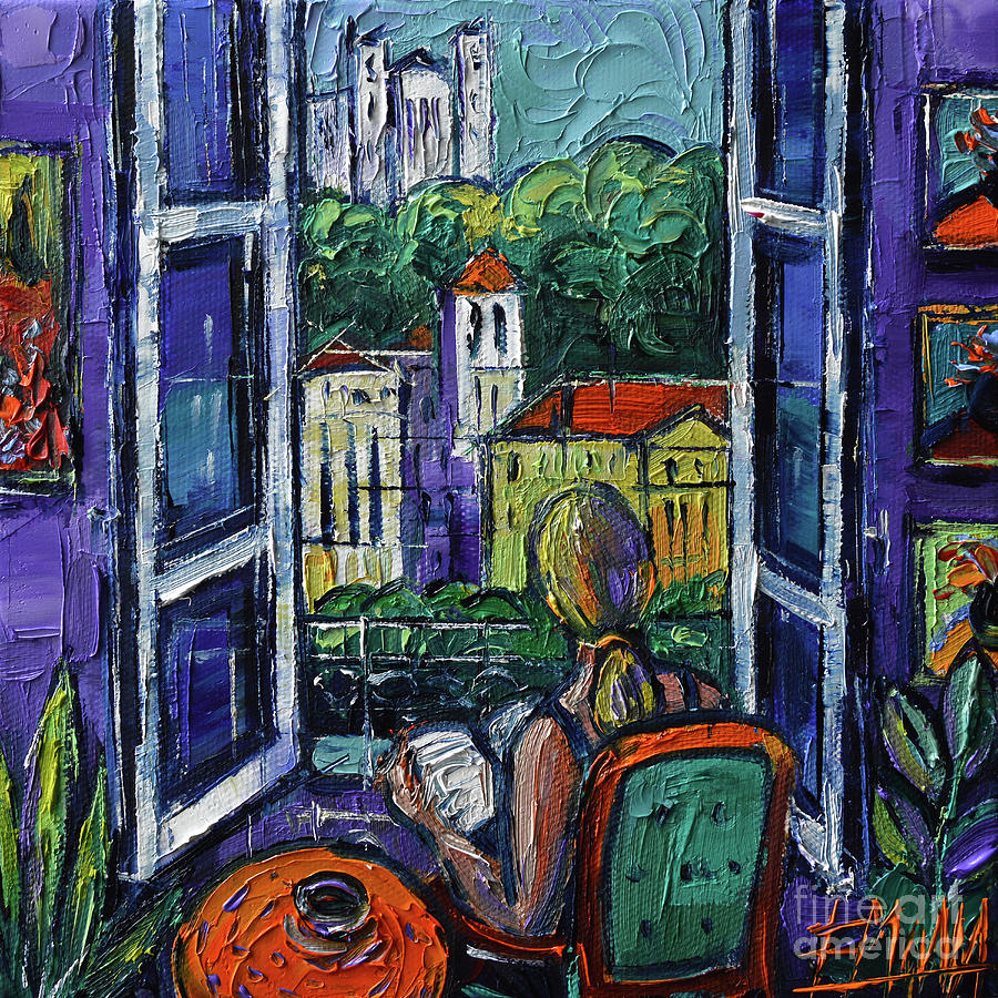 Tree Painting - WOMAN READING AT THE WINDOW oil painting Mona Edulesco by Mona Edulesco