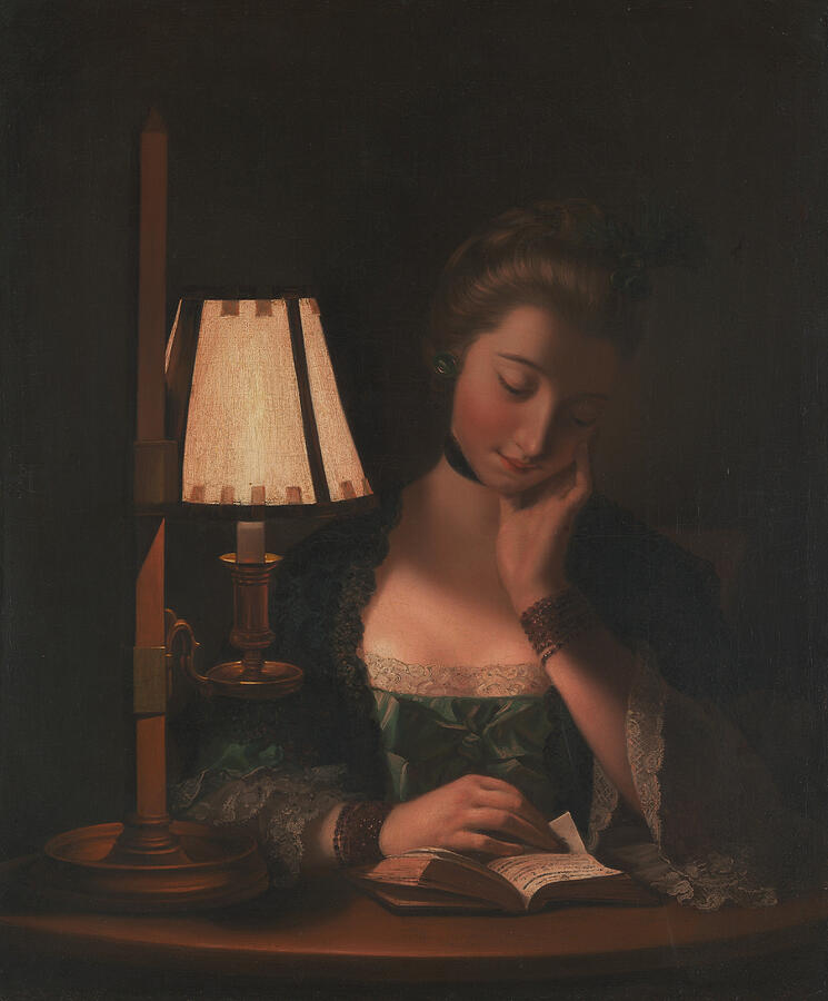 Woman Reading by a Paper-Bell Shade, year 1766 Painting by Henry Robert Morland Woman Reading by a Paper-Bell Shade, year 1766 Painting by Henry Robert Morland