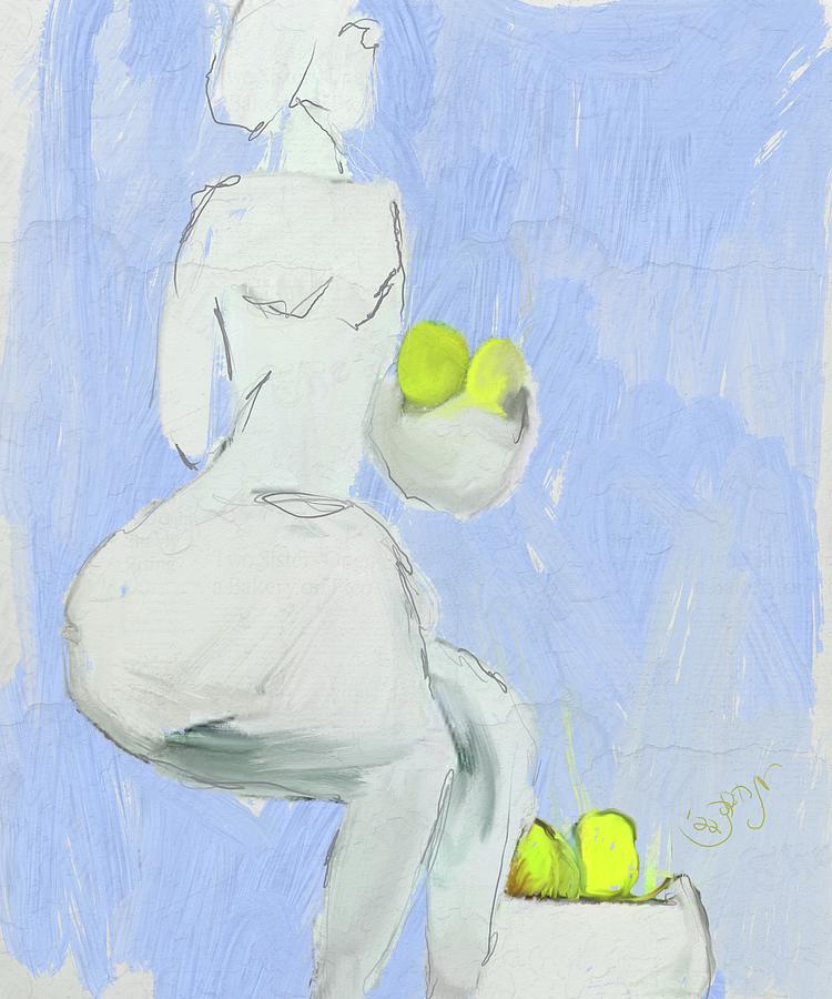 Woman seated portrait in blue and yellow with bowls of lemon fruit Painting by Mendyz