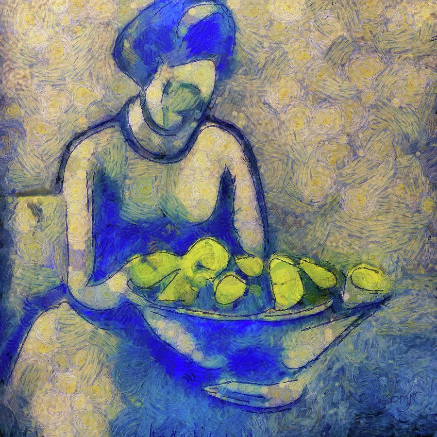 Woman Seated with a bowl of lemons in the kitchen in blue yellow and purple Painting by MendyZ