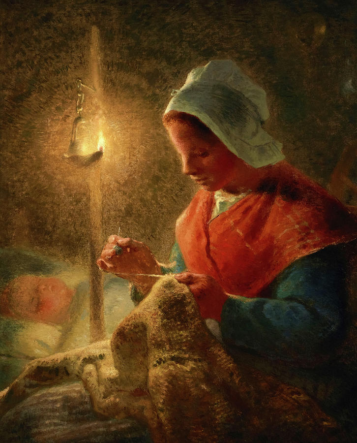 Jean Francois Millet Painting - Woman Sewing by Lamplight, 1852 by Jean-Francois Millet