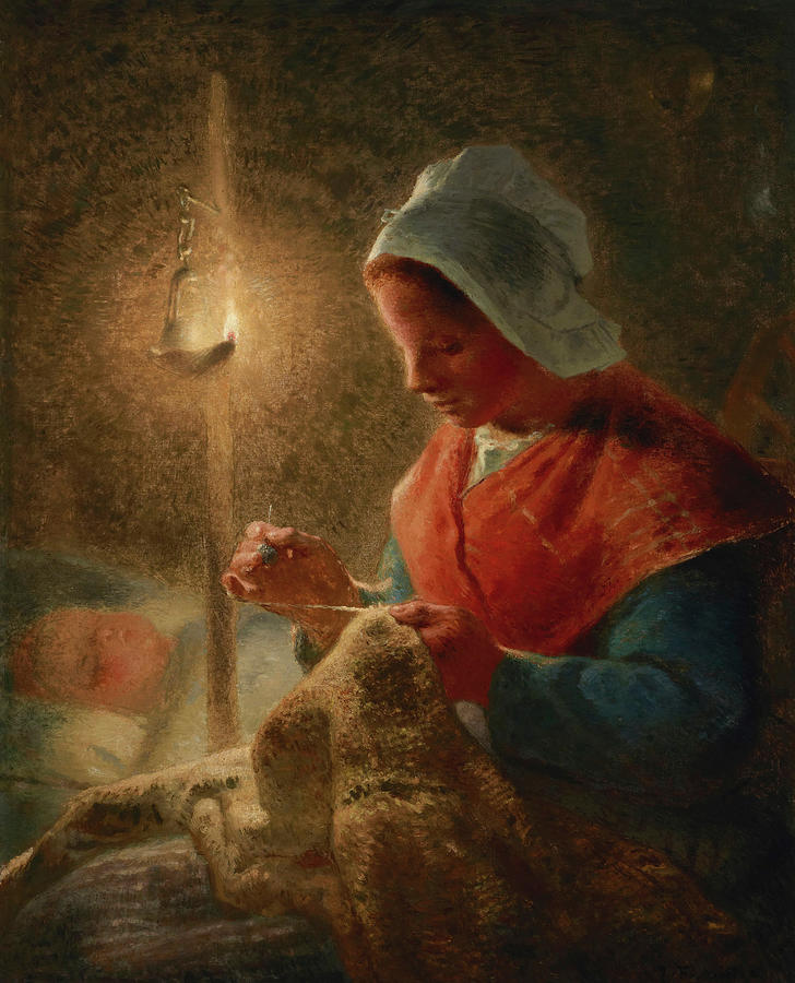 Still Life Painting - Woman Sewing by Lamplight by Jean-Francois Millet