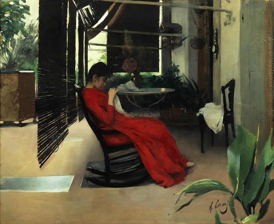 Woman Sewing in the Patio, 1889. Oil on canvas. Painting by Ramon Casas i Carbo -1866-1932- Woman Sewing in the Patio, 1889. Oil on canvas. Painting by Ramon Casas i Carbo -1866-1932-