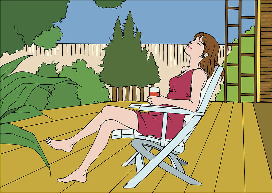 Woman sitting crossed leg at knee, closing eyes, side view Drawing by Daj