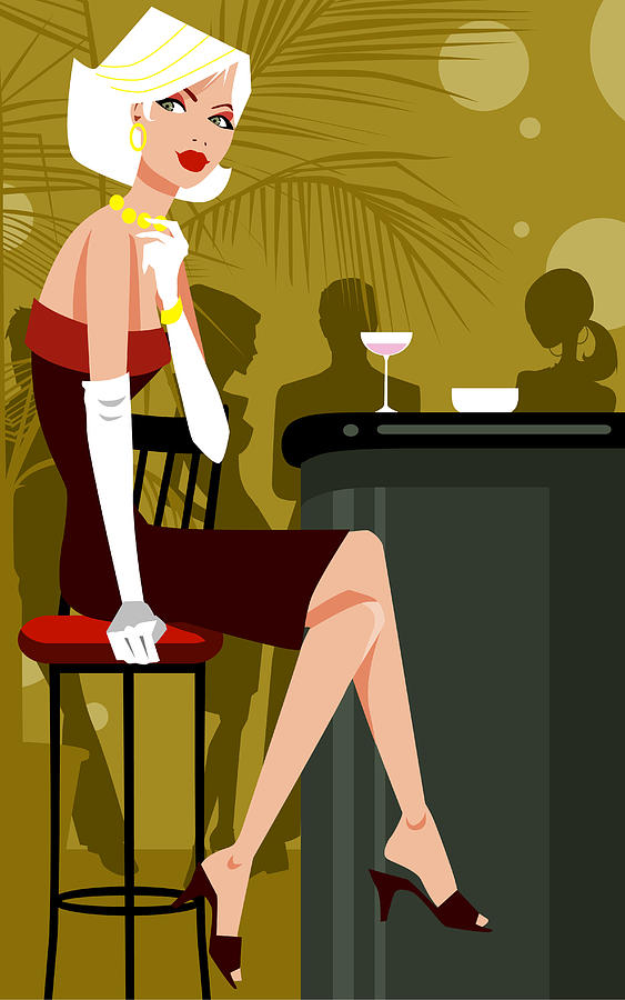 Woman sitting on stool at bar counter, legs crossed at knee Drawing by Greg Paprocki