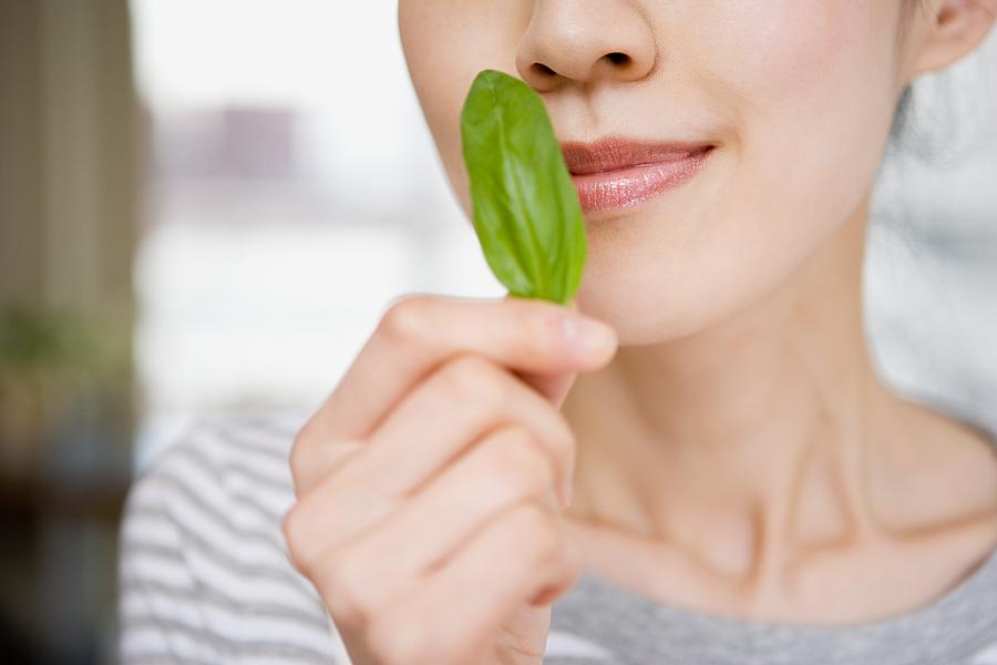 Woman smelling basil leaf Photograph by Image Source