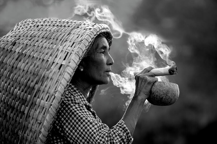 Woman Smoking in Myanmar B/W Photograph by Lindley Johnson