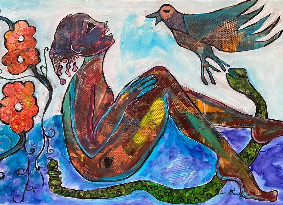 Woman Snake and Bird Painting by Lorena Fernandez