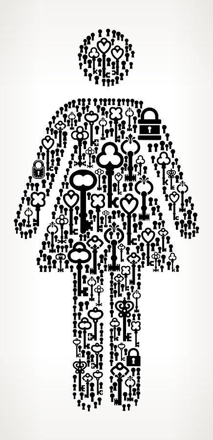 Woman Standing Antique Keys Black and White Vector Pattern Drawing by Bubaone