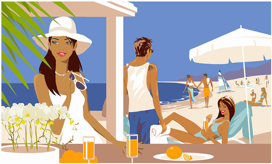 Woman Standing at a bar Counter Holding Her Sunglasses, People on the Beach in the Background Drawing by Mike Wall