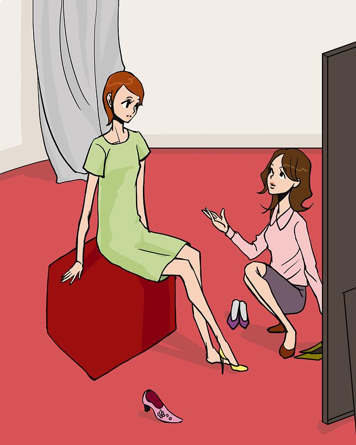 Woman talking with female clerk in shoe store and trying on shoes, side view, Illustrative Technique Drawing by Daj
