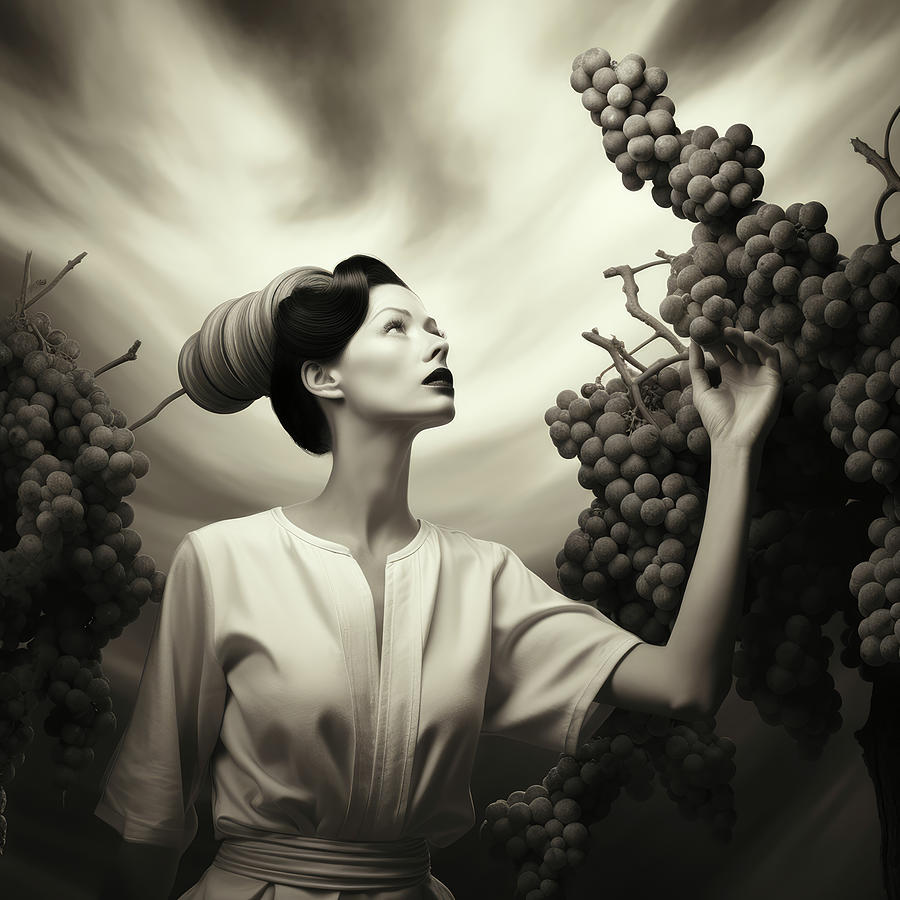 Woman W Giant Grapes In Vineyard Digital Art