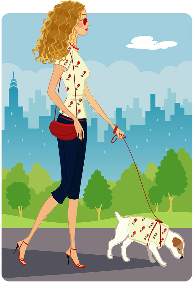 Woman walking dog in park, cityscape in background, side view Drawing by McMillan Digital Art