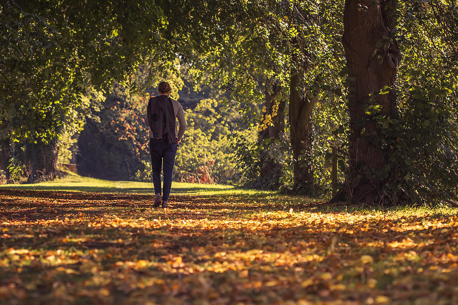 Woman walking through autumnal woodland Photograph by Verity E. Milligan