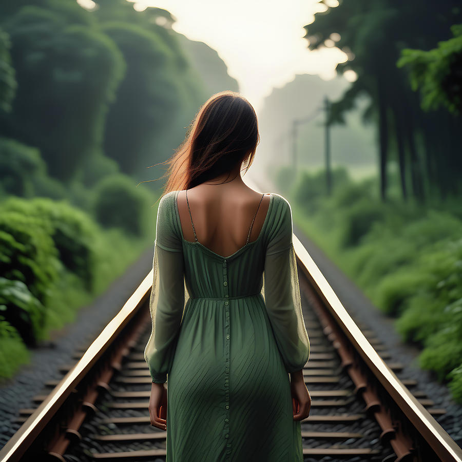 Woman walking train tracks.   Digital Art by Ray Shrewsberry