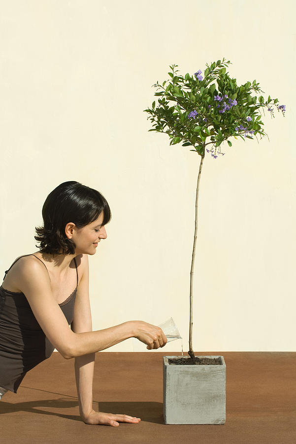 Woman watering potted plant, smiling Photograph by ZenShui/Milena Boniek