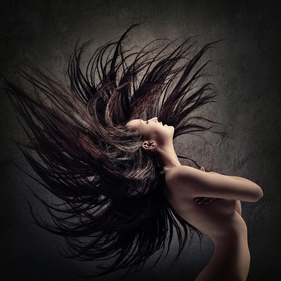 Nude Photograph - Woman waving long dark hair by Johan Swanepoel