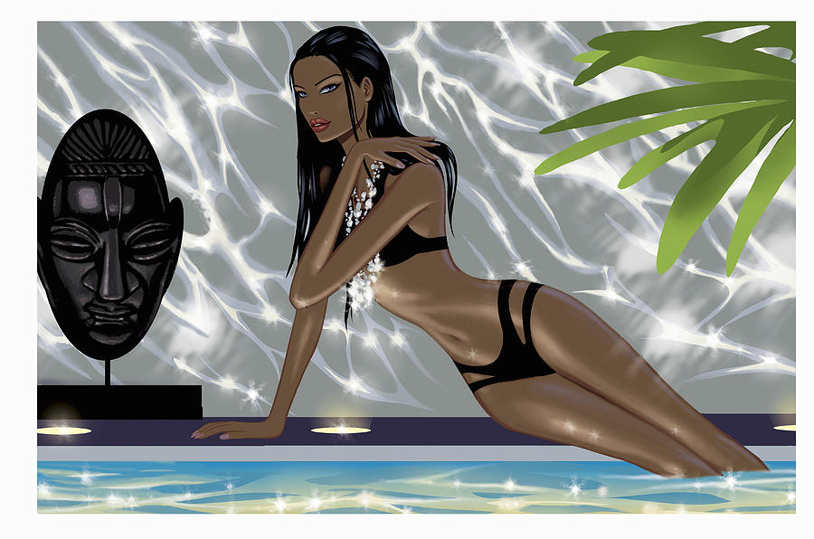 Woman Wearing a Bikini and Silver Necklace Sits by a Poolside, Illustration Drawing by Mike Wall